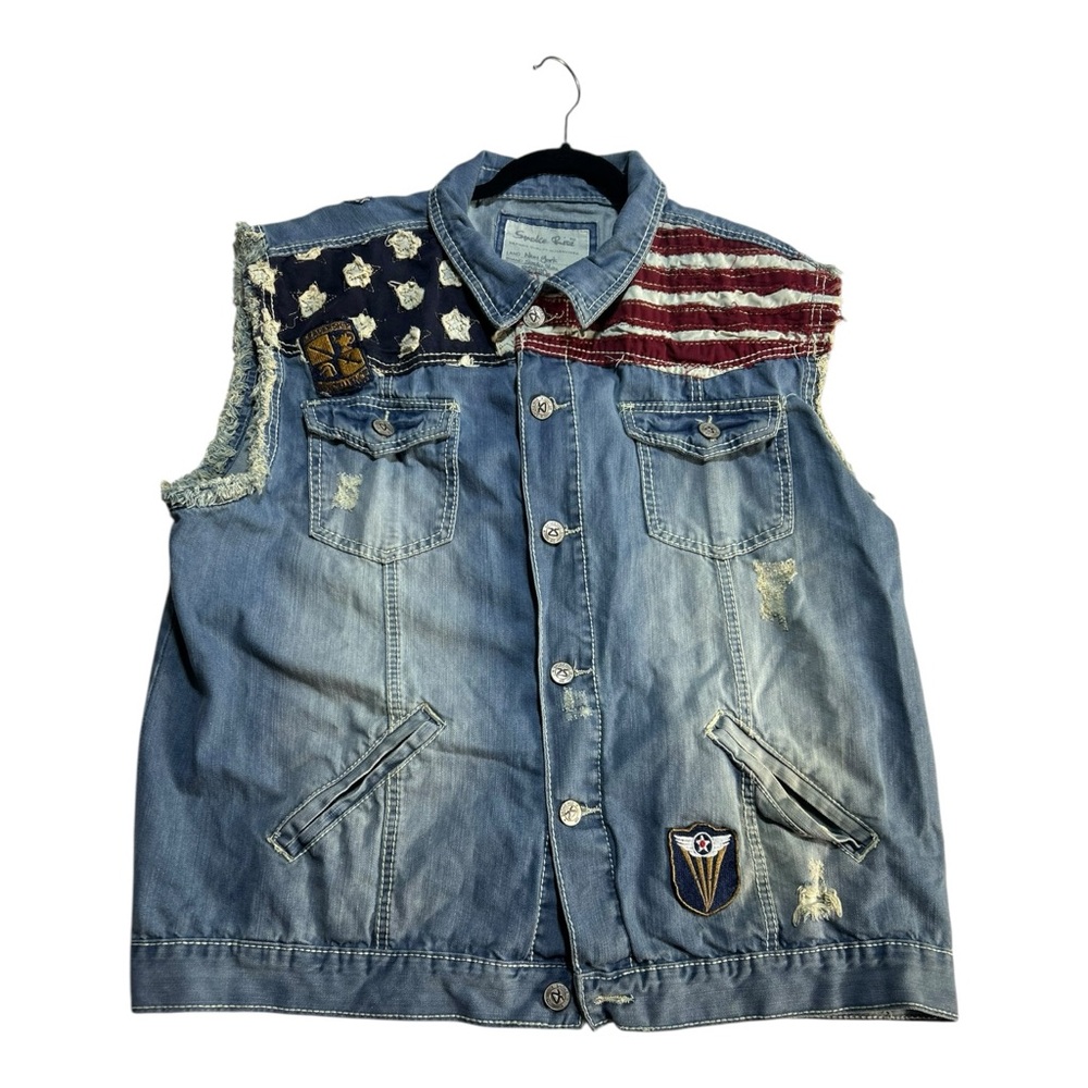 Smoke Rise Mens Distressed Vest Red White Blue Flag Stars Trucker Americana 3XL